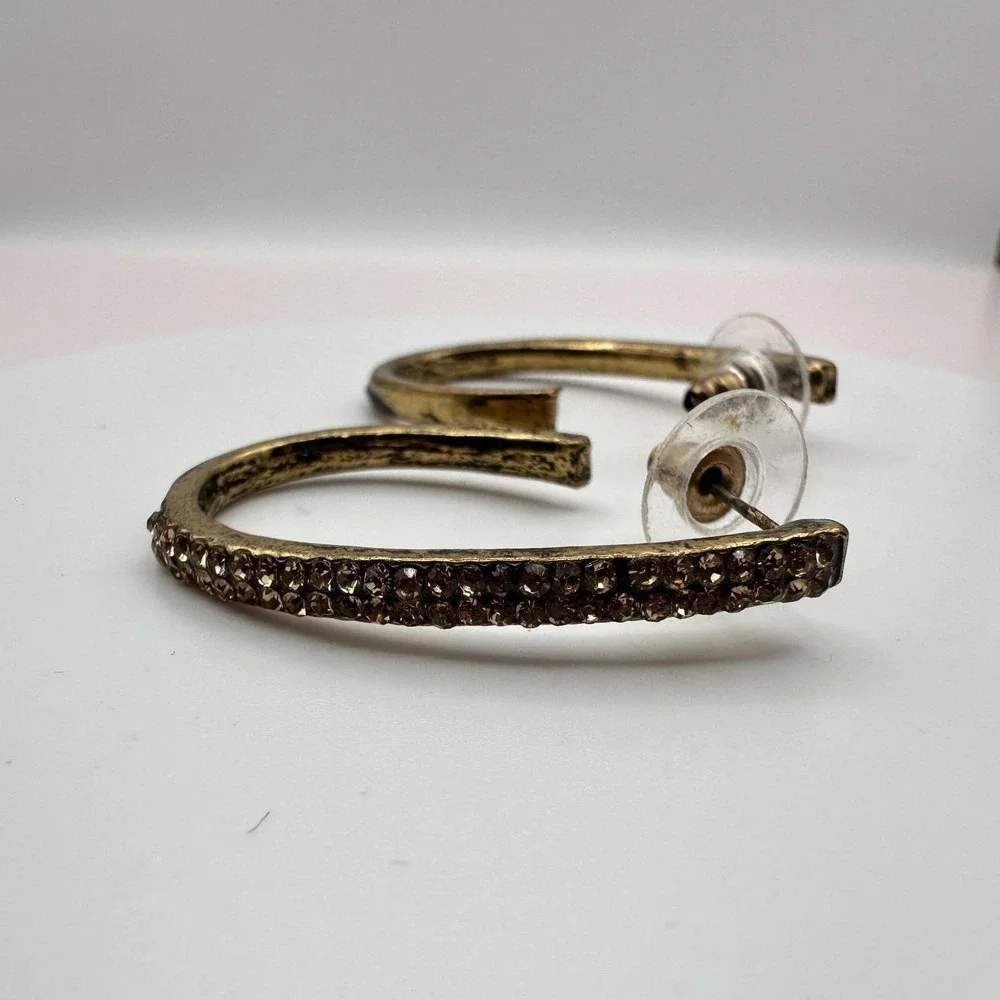 Vintage 90s Gold Tone Oval Hoop Earrings Champagne Glass Accents Style‎ Fashion